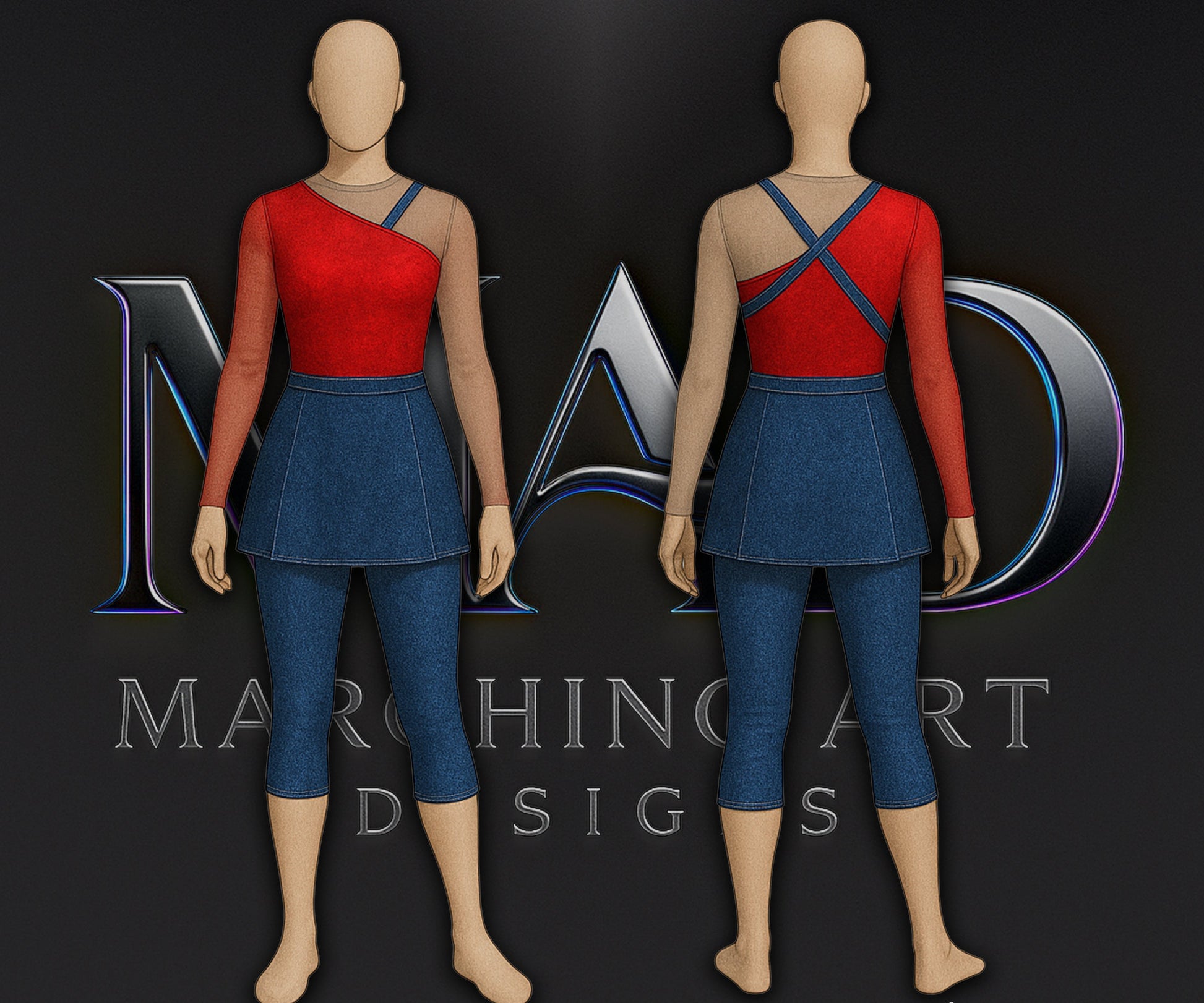 Red top and blue skirt costume displayed on mannequins with Marching Arts Designs logo.