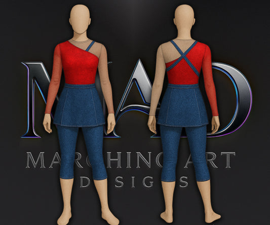 Red top and blue skirt costume displayed on mannequins with Marching Arts Designs logo.